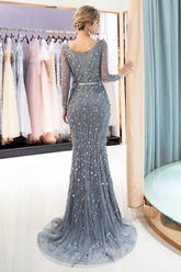Grey Long Mermaid V-neck Tulle Evening Dresses with Sleeves-27dress